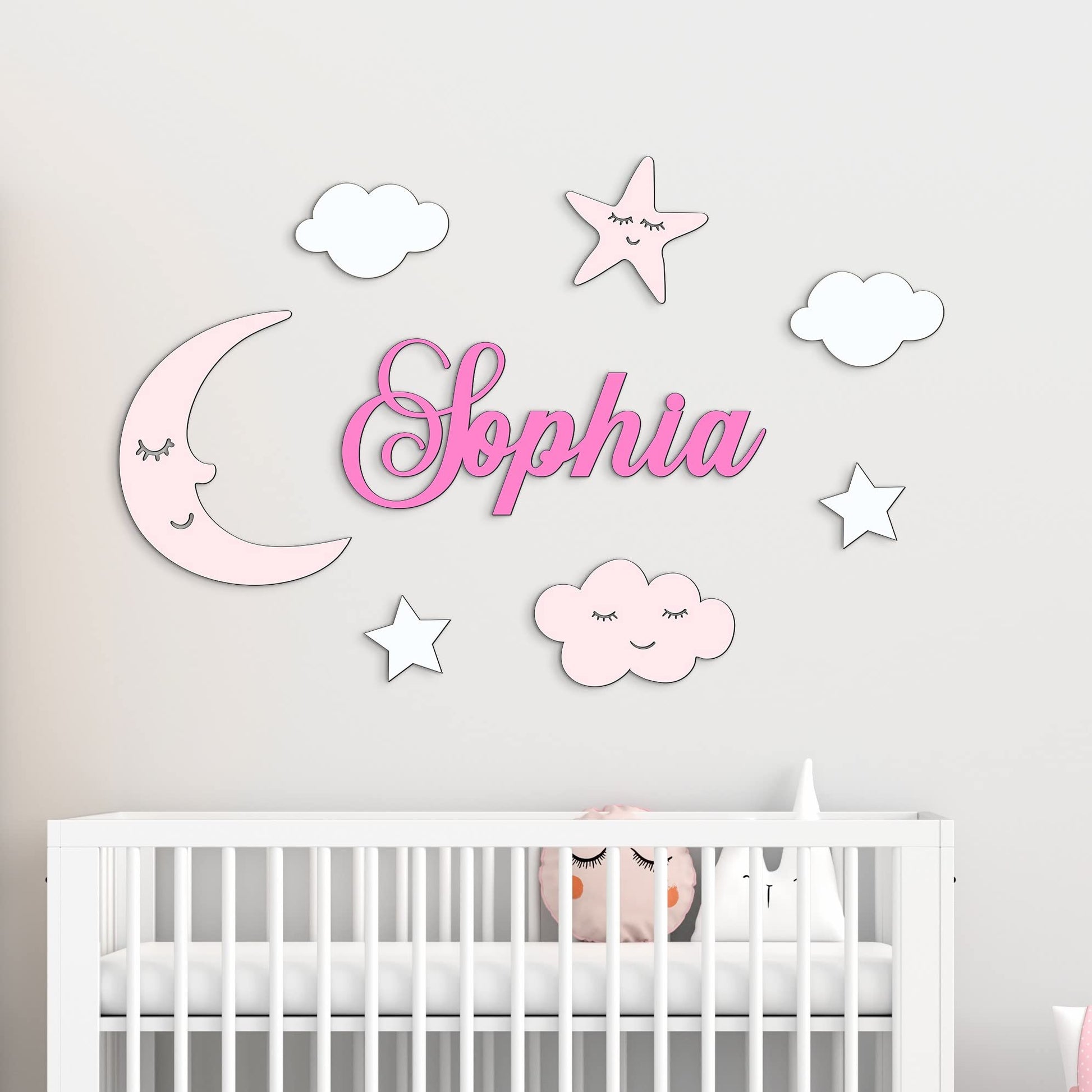 Wooden Name Sign Personalized Wooden Wall Decor Above a Crib Custom Baby Name Sign, Nursery Wall Decal (Moon Theme) - WoodArtSupply