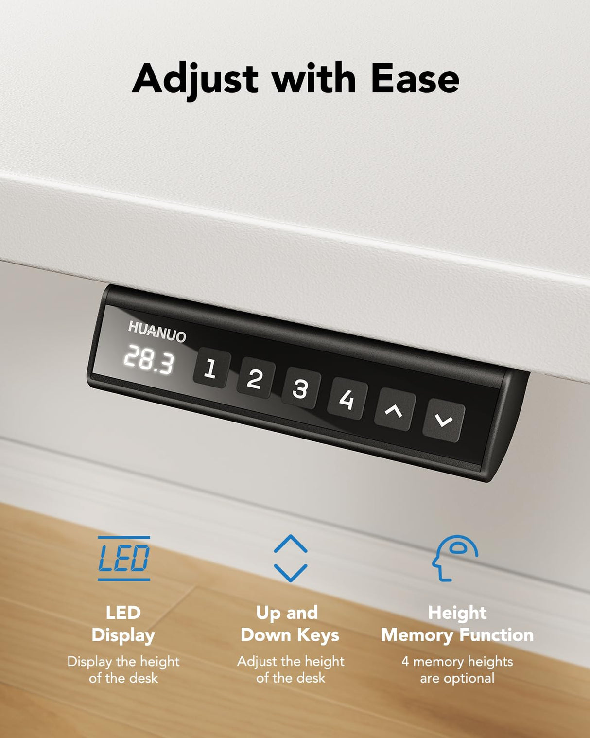 HUANUO Electric Standing Desk, 48" x 24" Whole Piece Desktop, Adjustable Height Computer Desk, 4 Height Memory Settings, Sit Stand Up Desk for Home Office, White HUANUO