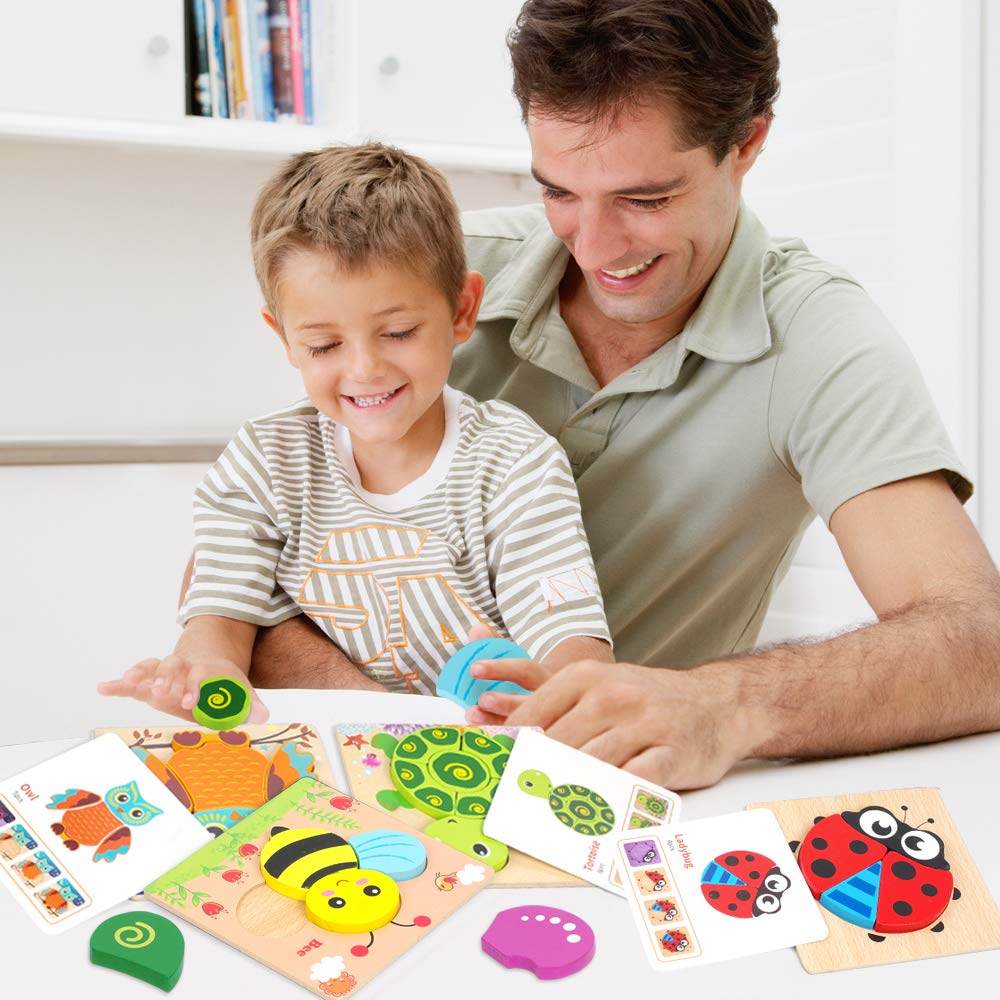 Toddler Puzzles, Wooden Jigsaw Animals Puzzles for 1 2 3 Year Old Girls Boys Toddlers, Educational Preschool Toys Gifts for Colors & Shapes Cognition Skill Learning LURLIN