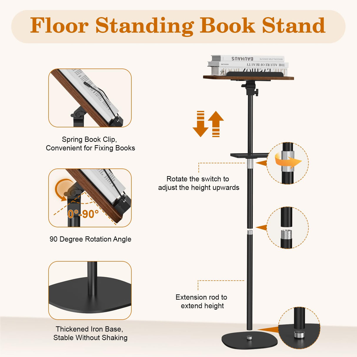Snughome Floor Book Stand with Removable Tray, Wood Standing Book Stand for Reading, Height Adjustment 21"-51", Music Stand Cookbook Stand Textbook Stand Laptop Stand Book Holder for Display Snughome