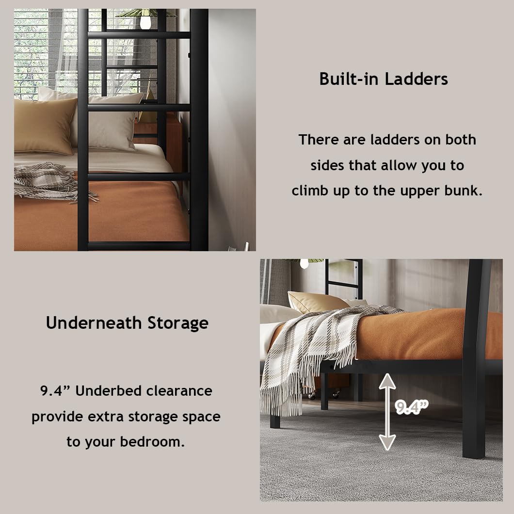Bellemave Full XL Over Queen Bunk Bed for Adults, Full XL Over Queen Bunk Bed Frame with 2 Ladder and Full Length Guardrail, Easy Assemble, Mattress Not Included, Black Bellemave