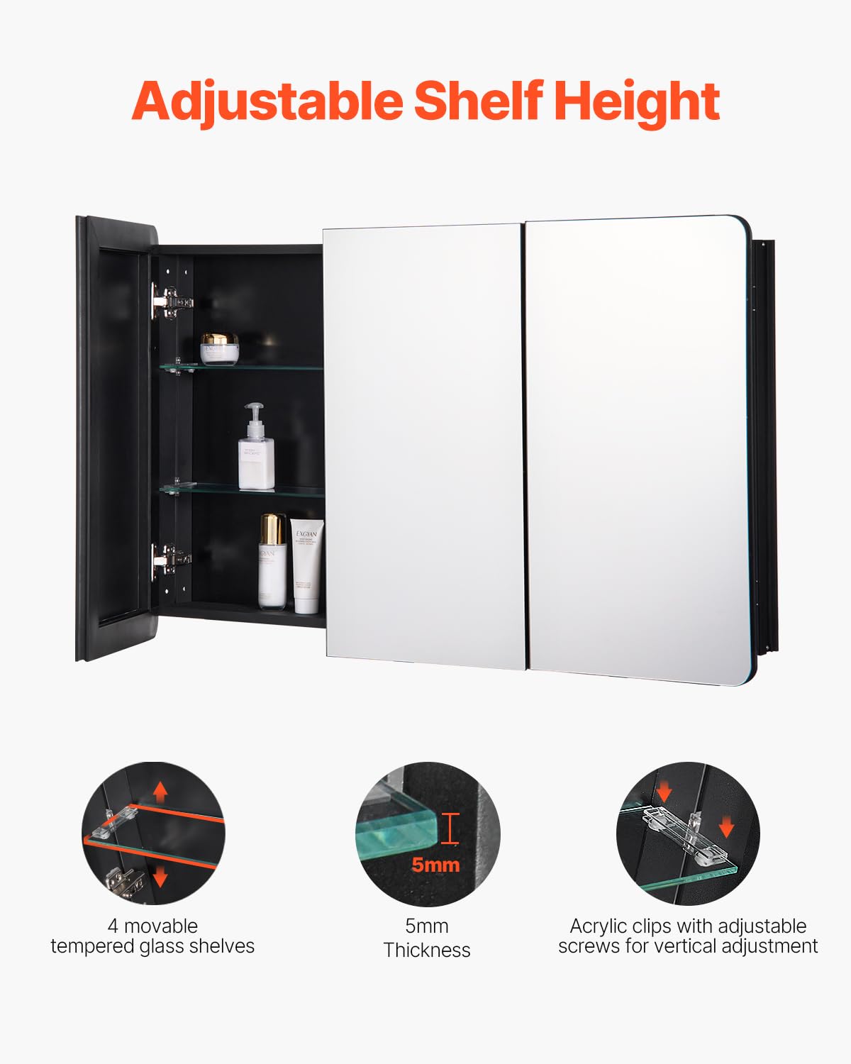 VEVOR Medicine Cabinet, 25.5 x 40 inch, Medicine Cabinet for Bathroom with Mirror, Aluminum Frame Bathroom Wall Cabinet, 4-Layer Adjustable Shelves, Recessed & Wall-Mounted Installation VEVOR