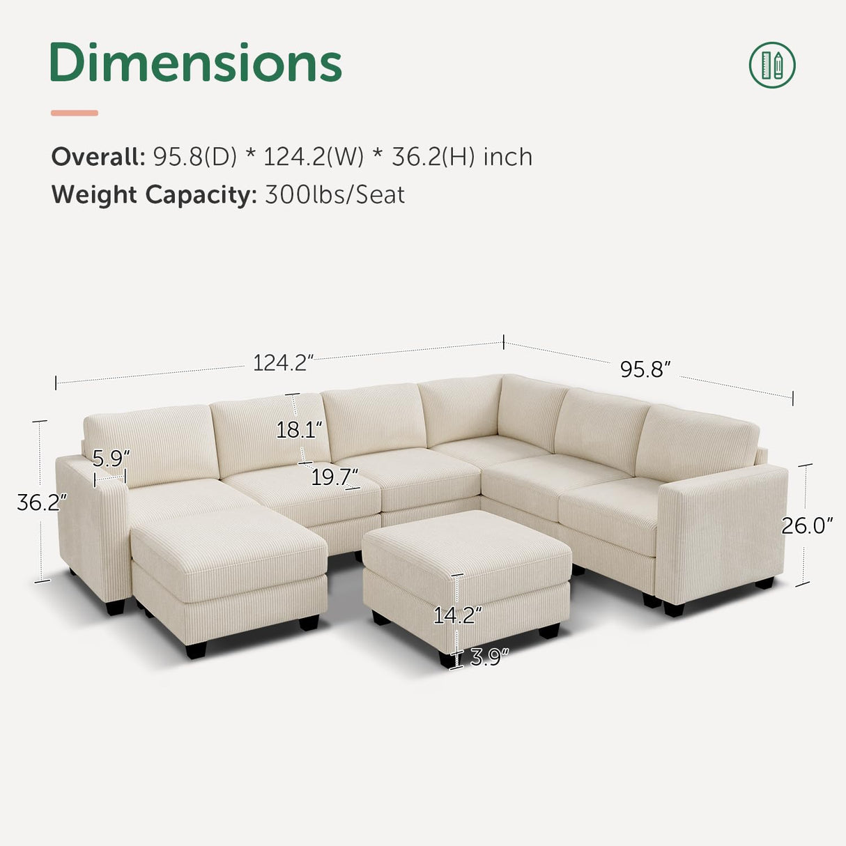 HONBAY Corduroy Sectional Couch with Storage U Shaped Sectional Sofa Modular Sectional Couches for Living Room, Beige HONBAY