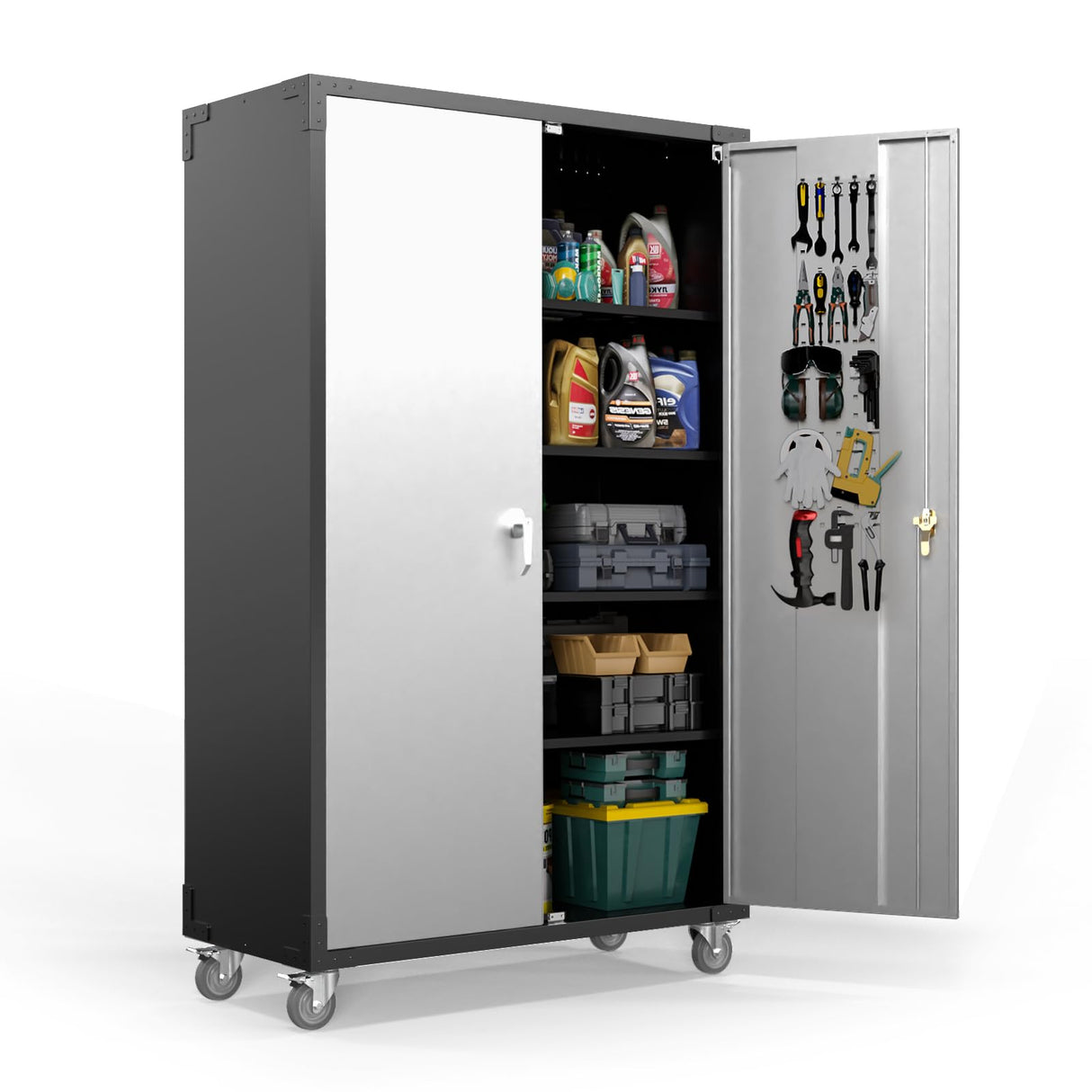 VINGLI Upgraded Wide & Deep Garage Storage Cabinet, Metal Storage Cabinet with Pegboards, Wheels, Locking Doors and Adjustable Shelves (Black & Silver, 43''W x 20''D x 72''H) VINGLI