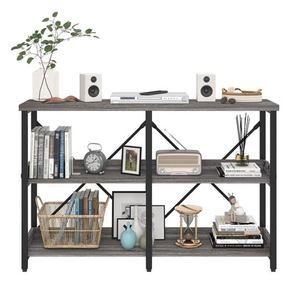 BON AUGURE Dark Grey Oak Industrial Sofa Console Table with 3 Tiers and Hooks - WoodArtSupply