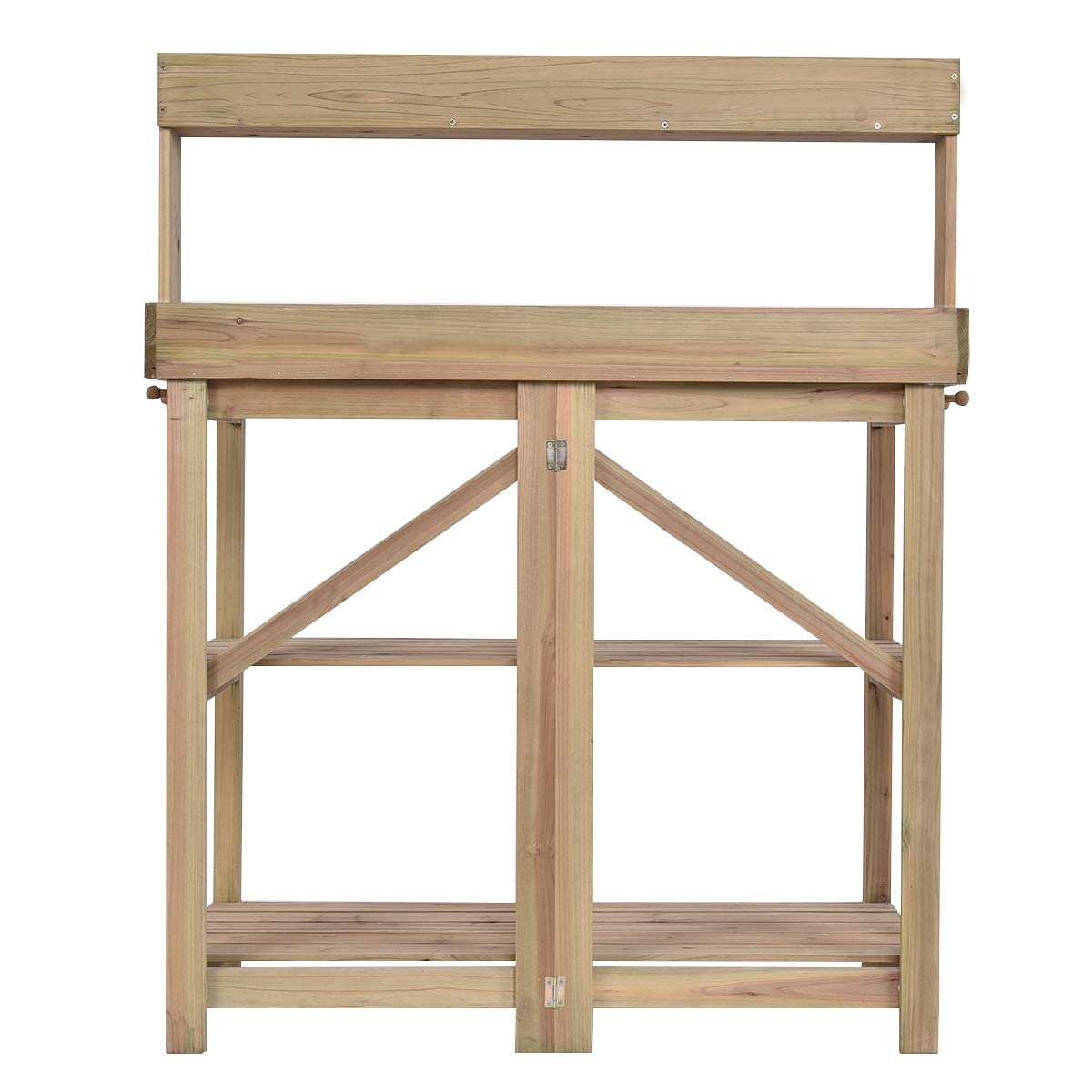 OFFICEJOY Potting Bench, Outdoor Garden Work Station Table w/Galvanized Tabletop, 2 Lower Shelf, 3 Wood Hooks, Plant Flower Pot Workstation Bench Table for Backyard, Balcony, Patio, Yard (Light Oak) OFFICEJOY