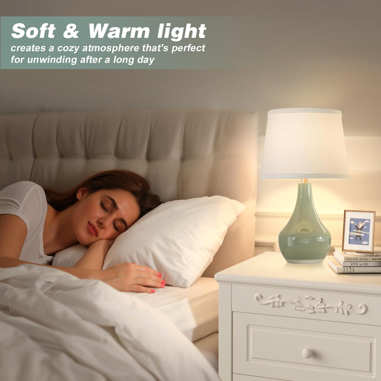 Seealle 19.4" Modern Ceramic Table Lamps for Night Stands - Bedside Lamps Set of 2 for Nightstand, Green Bedroom Lamp for Living Room Cute Desk End Table Office Guest Room Dresser Rocker Swtich Seealle