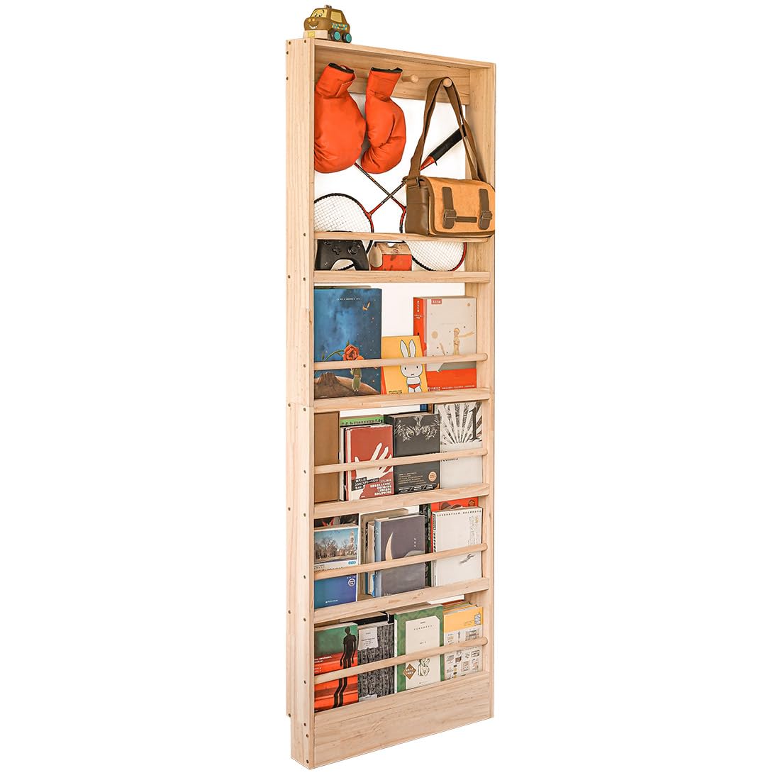 Morimoe Wall-Mounted Wooden Kids Bookshelf with Hooks - Space-Saving Organiser for Toys and Books morimoe