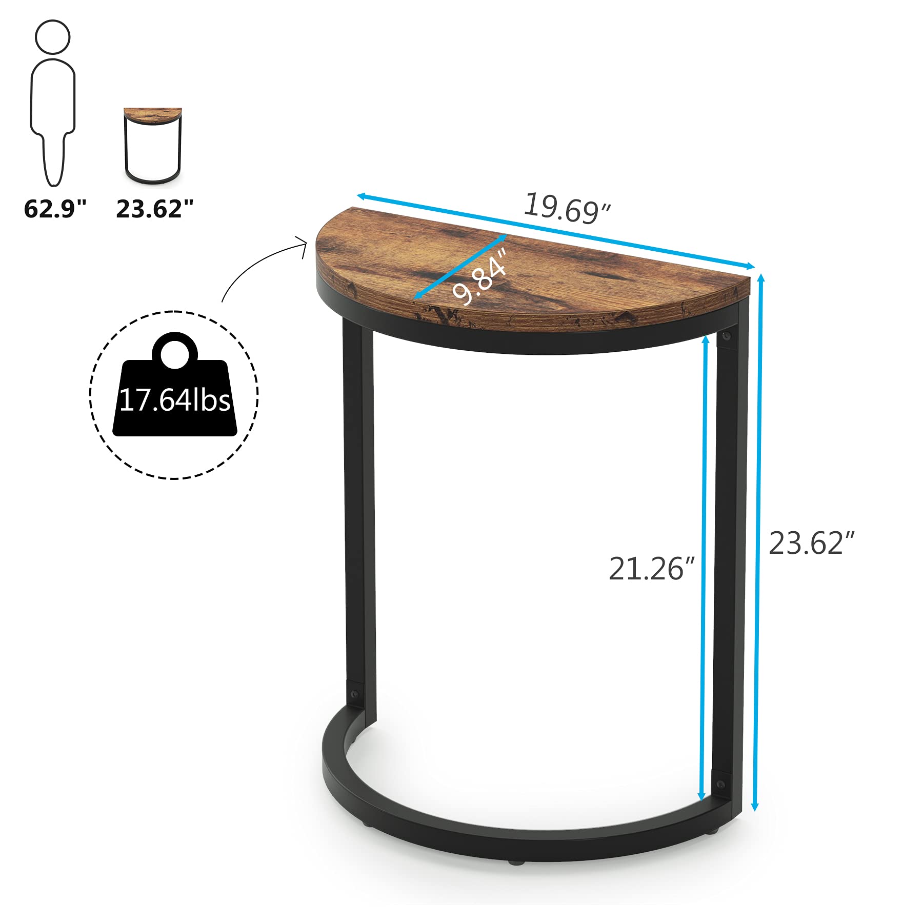 Tribesigns End Table Semi Circle, Small Half Round Side Table with Metal Frame, Wood Accent Table Slim C Table for Sofa Couch Living Room, Easy Assembly, 19.69" L x 9.84" W x 23.62" H - WoodArtSupply