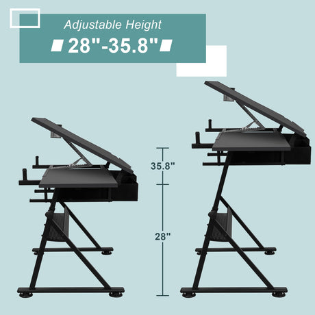 ZENY Adjustable Drafting Table with Stool, Tilting Drawing Desk Artist Table with Storage Drawers, Art Craft Workstation for Home Office Reading, Writing, Crafting ZENY