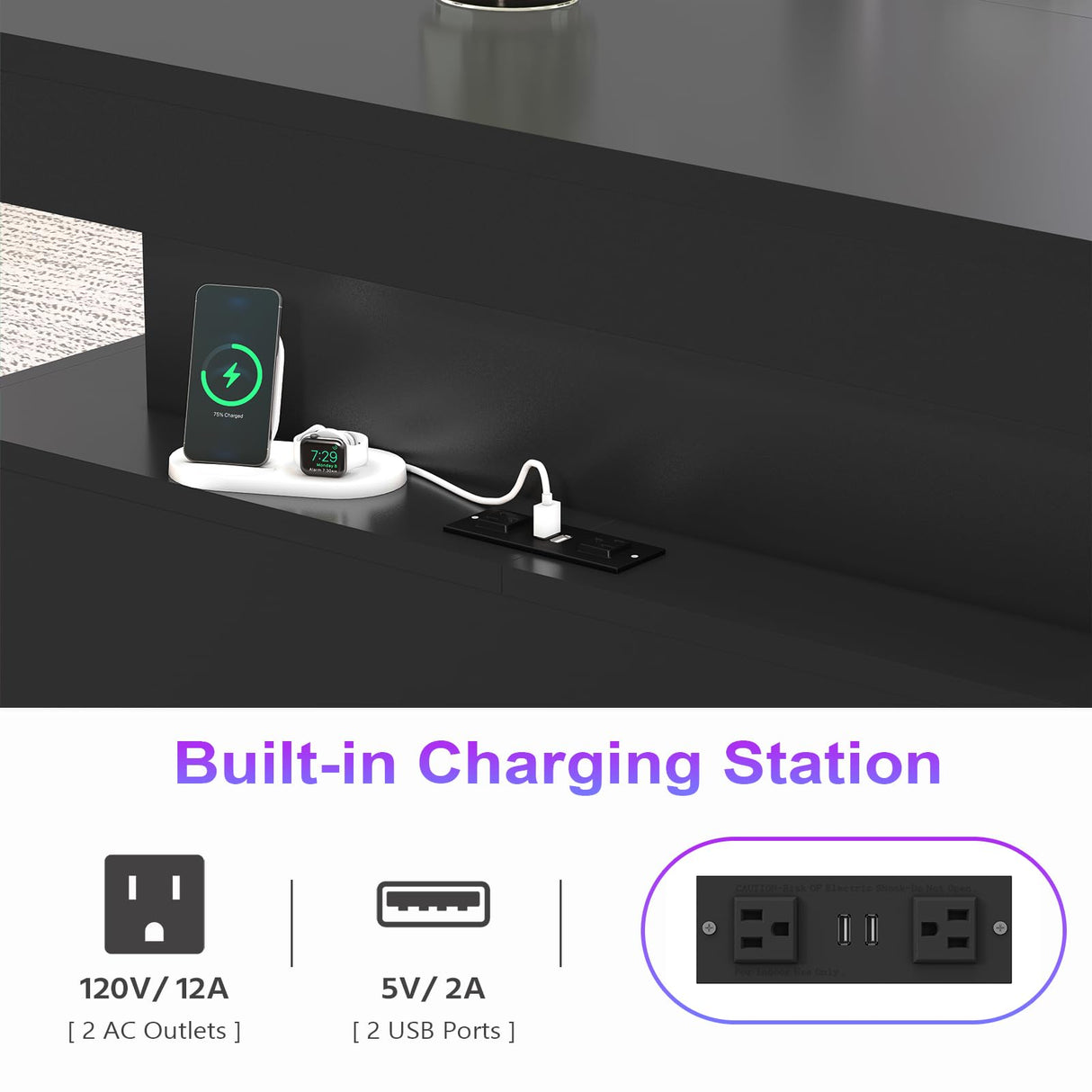 31.5" Square Coffee Table with Sliding Top and Charging Station, Black Coffee Tables with LED Lights and Storage Drawer for Living Room, Modern Center Table with Hidden Compartment, Cabinet Gacfiew
