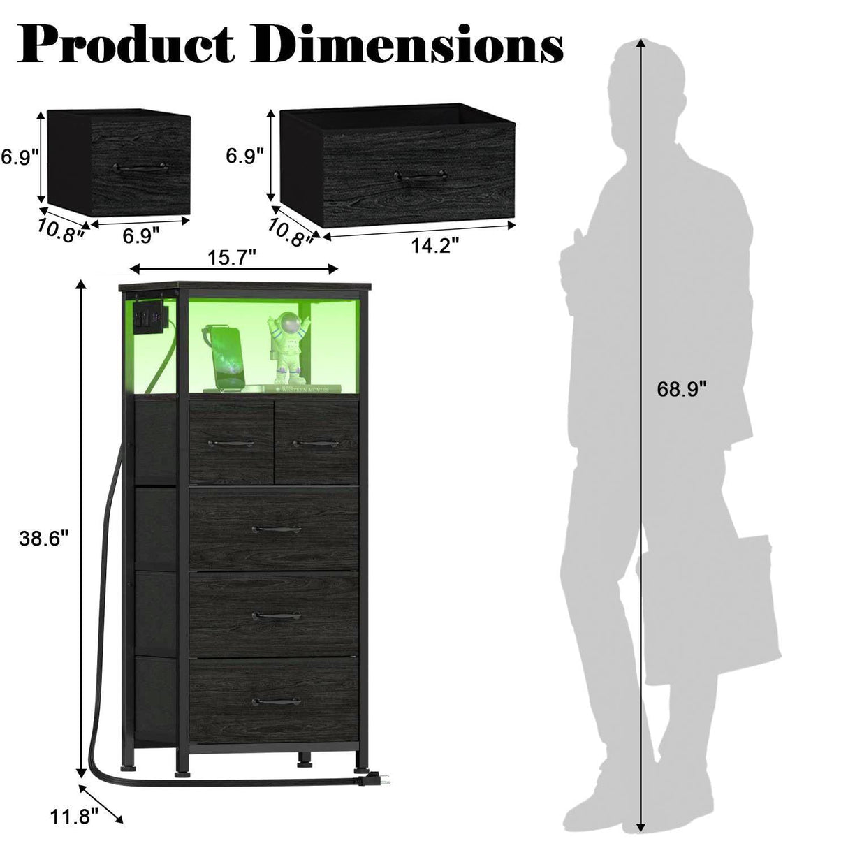 Furnulem Vertical Dresser with Charging Station and LED Lights, Black Chest of Drawers with Shelf and 5 Fabric Bins, Tall Nightstand for Entryway, Closet, Bedside Table, Wood Top, Bedroom Furniture Furnulem