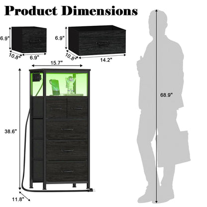 Furnulem Vertical Dresser with Charging Station and LED Lights, Black Chest of Drawers with Shelf and 5 Fabric Bins, Tall Nightstand for Entryway, Closet, Bedside Table, Wood Top, Bedroom Fur - WoodArtSupply