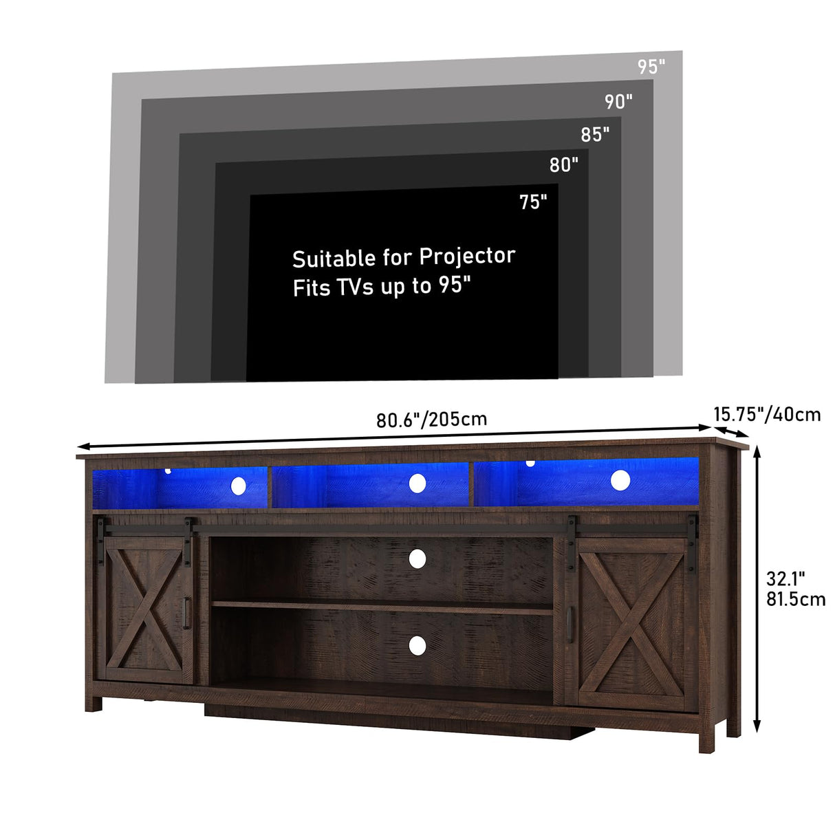 80" LED Farmhouse TV Stand for 90/85/80 Inch TVs,Tall Entertainment Center Storage Cabinets w/Power Outlets and Sliding Barn Door,Rustic TV Stands for Living Room,Media Console Cabinet (Rustic Brown) Hlivelood