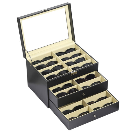 AUTOARK Leather 24 Piece Eyeglasses Storage and Sunglass Glasses Display Drawer Lockable Case Organizer,Black,AW-095 AUTOARK