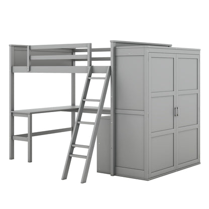 SOFTSEA Grey Full Size Loft Bed with Wardrobe, Desk & Storage Shelves for Enhanced Living - WoodArtSupply