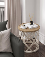 VONLUCE Farmhouse End Table,17.7'' Round French Country Side Table,Distressed Wood Tray Top Rustic Accent Table with Lipped Edge for Living Room Dining Room Bedroom,Small Space,Beige VONLUCE