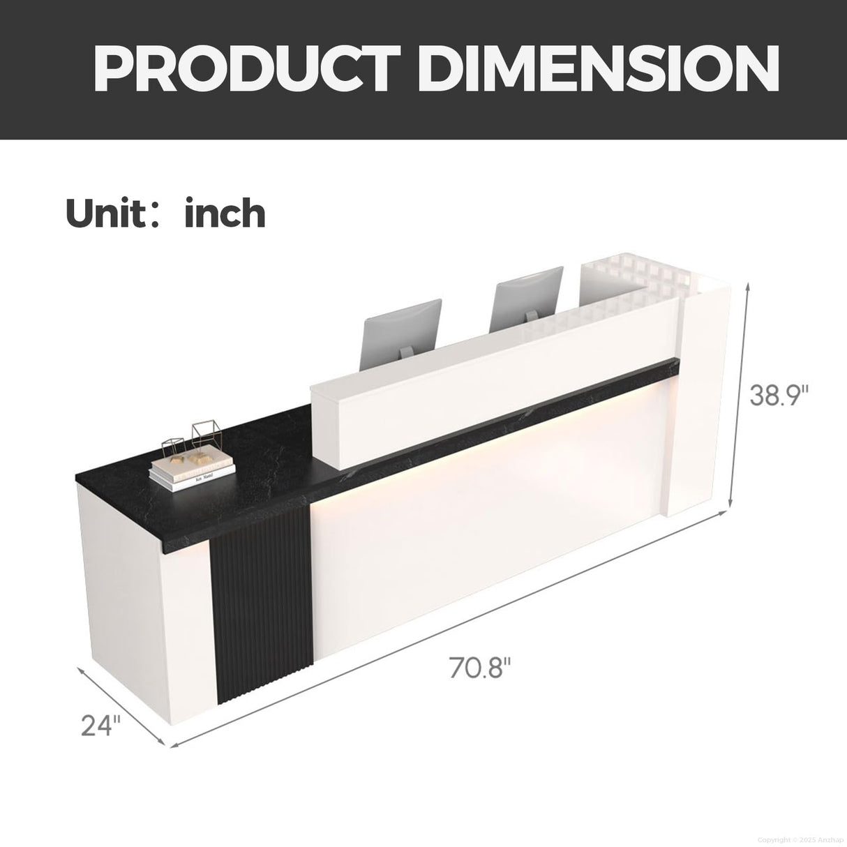 Anzhap L-shaped Standing Reception Desk with LED Lights, Front Desk Reception Counter with Drawer, Open Storage Cabinets for Office, Salon, Lobby (Black Grain + White Grain/Left, 71"L * 24"W * 39"H) Anzhap