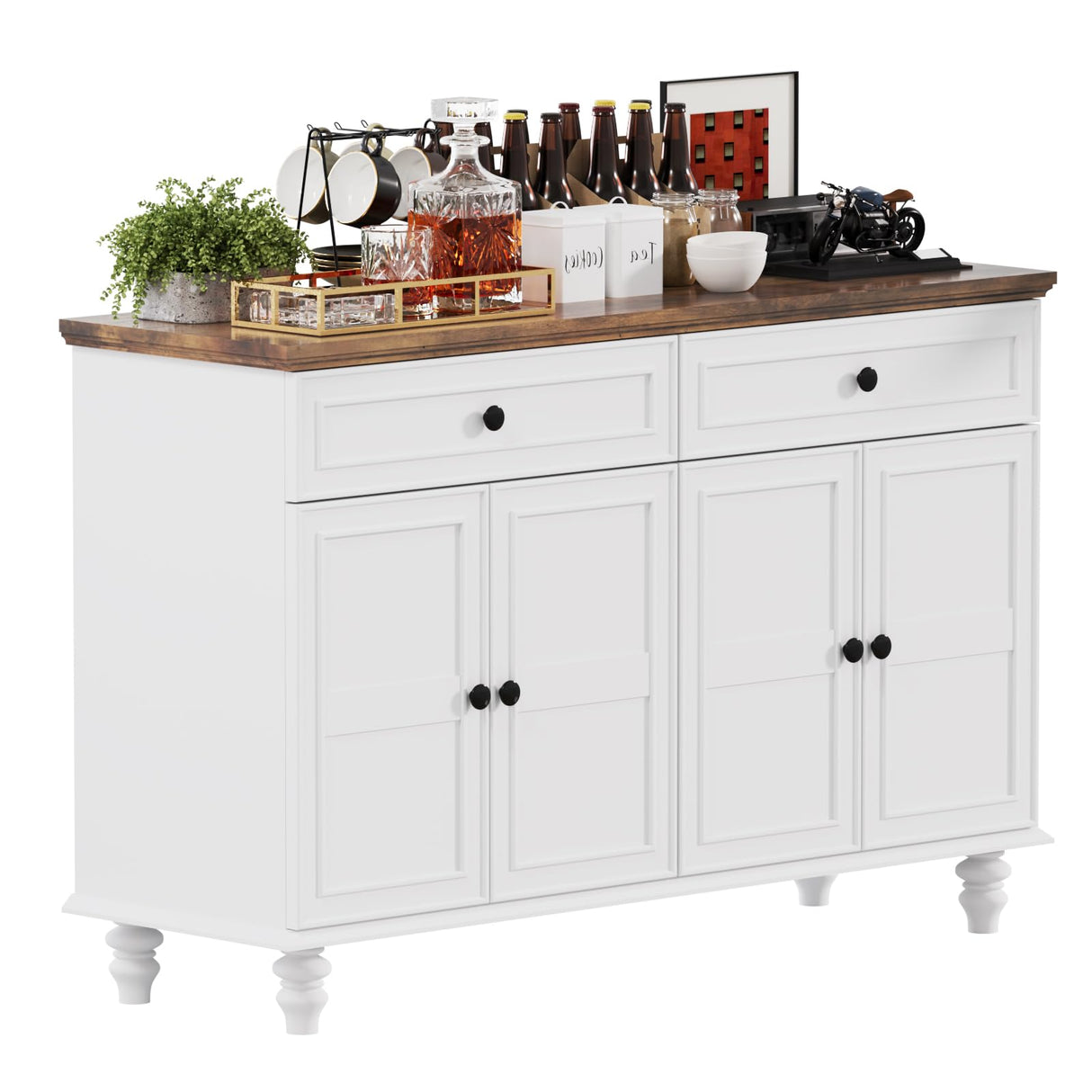 Farmhouse Buffet Cabinet with Storage, 47.6" Buffet Sideboard with 2 Drawers and 4 Doors, Wooden Kitchen Storage with Adjustable Shelves, Rustic Top Console Table for Dining Room, Kitchen or Entryway PROXRACER