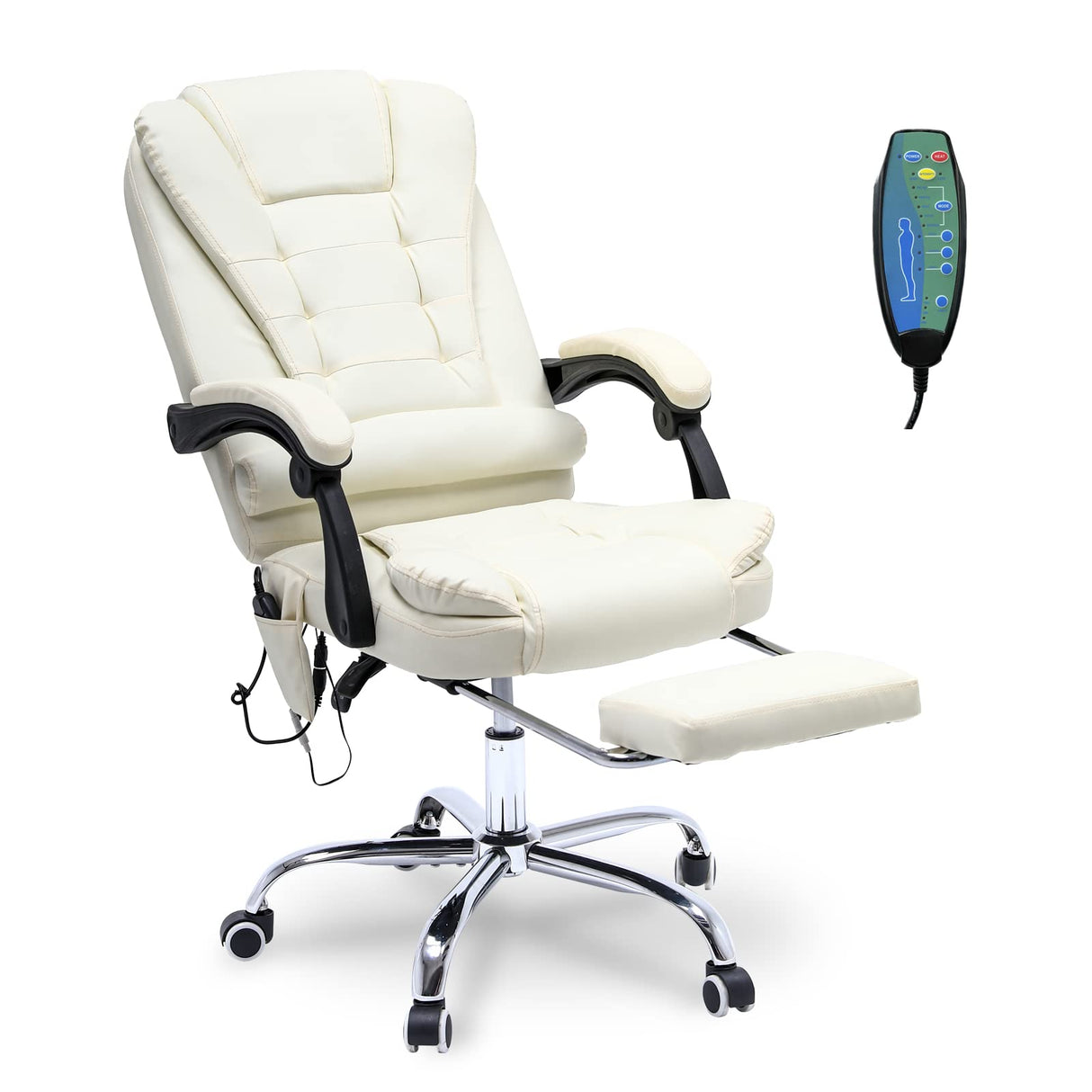 ONPNO Reclining Office Chair with Massage, Ergonomic Office Chair w/Foot Rest, PU Leather Executive Computer Chair w/Heated, Padded Armrest, High Back Swivel Recliner for Office Home Study (White) ONPNO