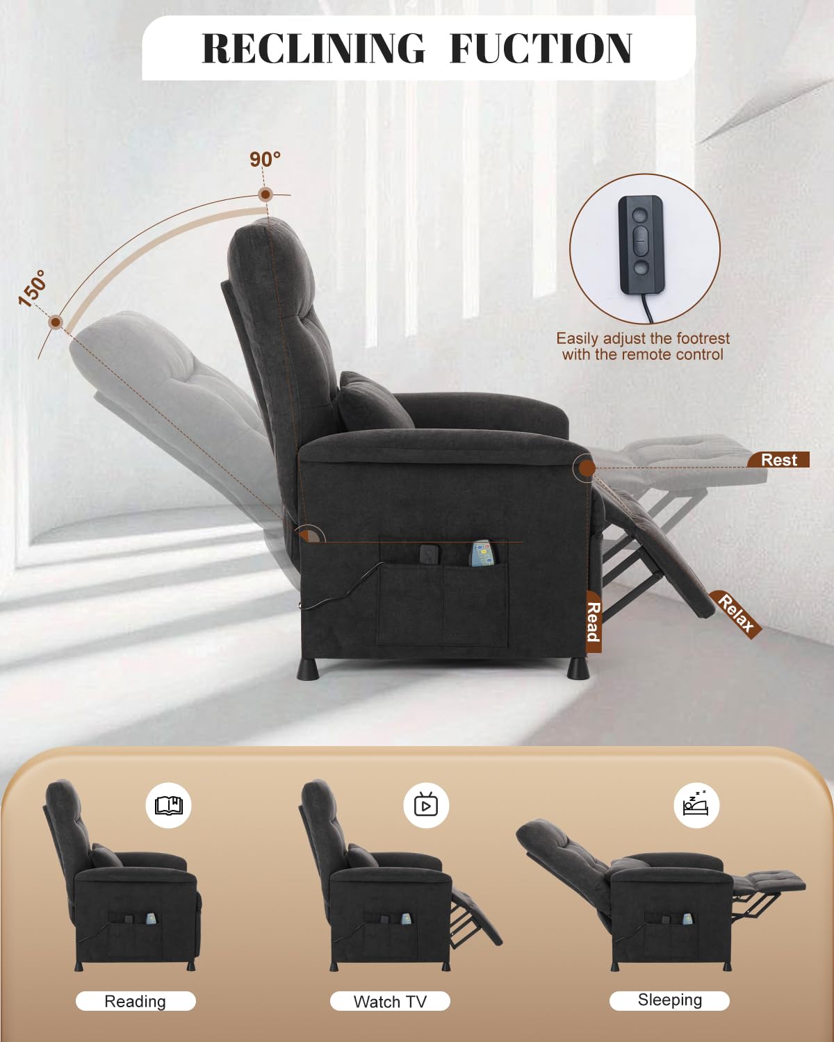 Power Recliner Chair for Adults – Heated Massage, Vibration, Electric Reclining Sofa with Side Pocket & Remote, Adjustable Recliner for Living Room or Home Theater Seating (Premium, Black) NBBOTBOT