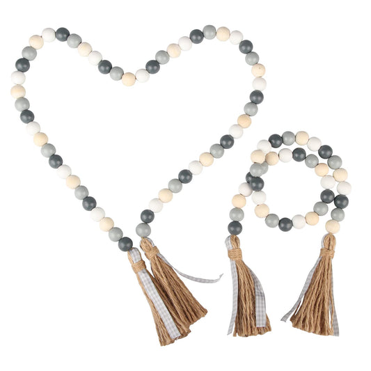 Wood Beads Garland with Tassels,YuanDe 2pcs Farmhouse Rustic Wooden Beads String Jute Rope Tassel, Prayer Bead String Wall Hanging Accent for Home Festival Decor(30"&40”)