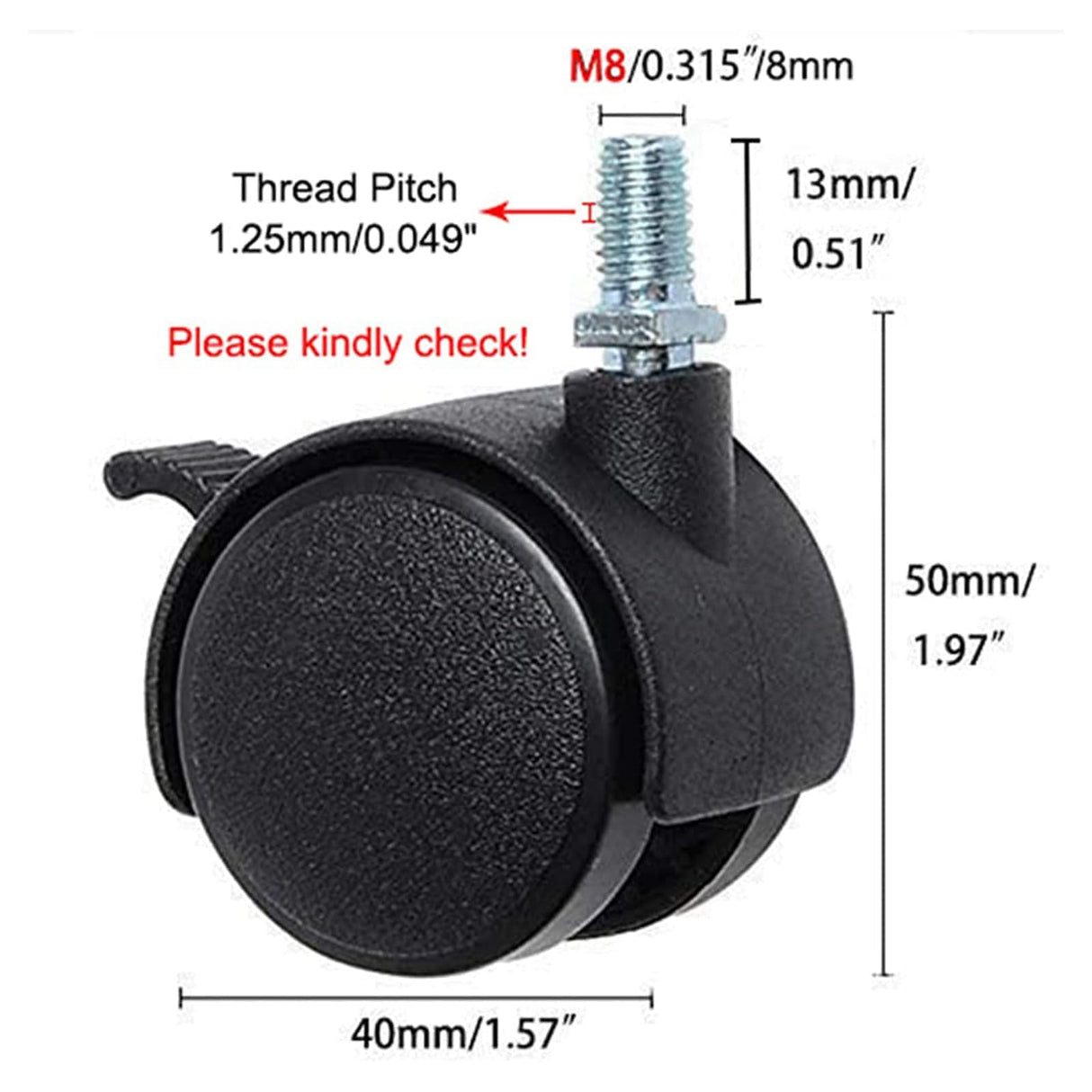 HOWDIA 4 Pack 1.5 Inch Nylon Plastic Replacement Caster Wheels for Cart, Swivel Furniture Wheels Floor Protecting Office Chair Casters Threaded Stem with Brake Black HOWDIA