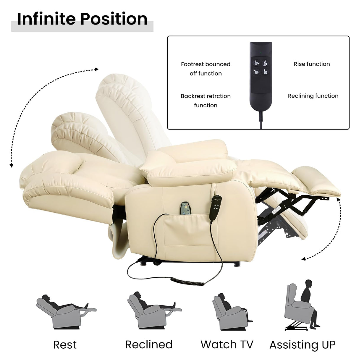 TEKAMON Power Lift Recliner Chair for Elderly with Heat & Massage, Dual Motor Breathable Leather Recliner, Lay Flat Sleeping Chairs with Infinite Position, RemoteControl(Beige, Extended) TEKAMON