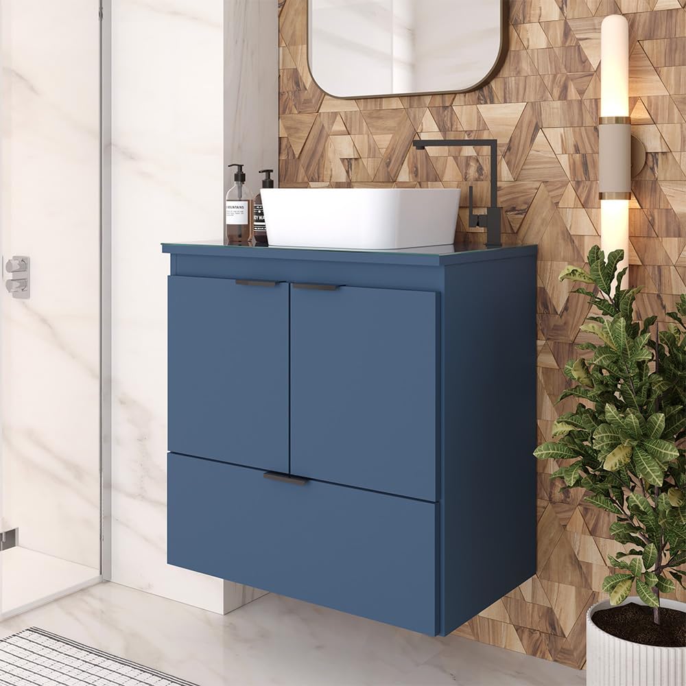 COZIMAX Soul 23" Combo Floating Bathroom Vanity with White Ceramic Sink Tempered Glass Countertop Soft Close Doors 1 Drawer Wall Mount (Blue) COZIMAX