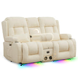 TUNYI Power Loveseat Recliner Sofa, Faux Leather Reclining Sofa with Console RV Reclining Loveseat Couch with USB/Outlet/Storage/Side Pocket/LED Light/Speaker (Cream White, Loveseat) TUNYI