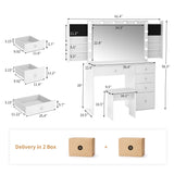 VOWNER White Makeup Vanity Desk with Lighted Mirror & Power Outlet, 3 Color Modes, Vanity Table with Drawer,Sliding Shelves for Bedroom VOWNER