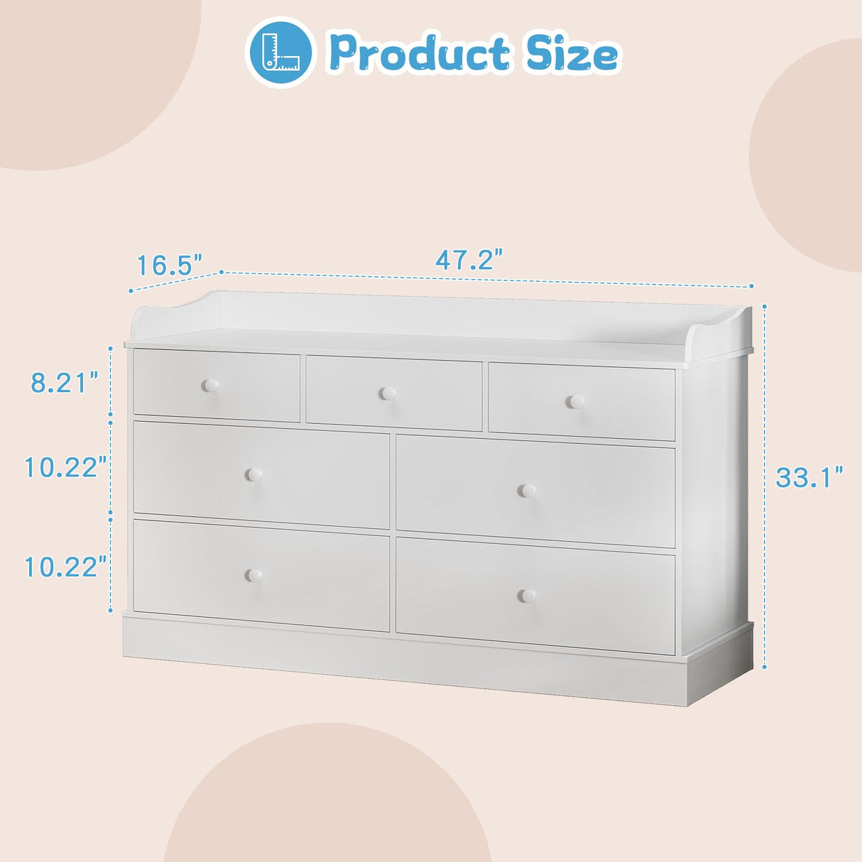 Vabches Kids Dresser Cabinet with 7 Drawers and Large Table Top, Multi-Functional Chest of Drawers, Baby Dresser, Kids Bedroom Furniture, Nightstand for Child’s Room, White Vabches