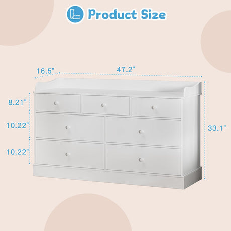 Vabches Kids Dresser Cabinet with 7 Drawers and Large Table Top, Multi-Functional Chest of Drawers, Baby Dresser, Kids Bedroom Furniture, Nightstand for Child’s Room, White Vabches