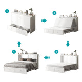 BALUS Queen Murphy Bed, Chest Murphy Beds with USB Chariging Station & Storage Drawer, Wooden Cabinet Beds with Tri Fold Mattress, Queen Hidden Bed for Living Room/Bedroom -White BALUS