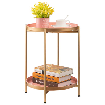 HollyHOME 2-Tier Round Gold Side Table, Outdoor Small Folding Accent Stand with Removable Tray, Anti-Rust Metal Asional Table for Balcony Patio Living Room, Nightstand for Bedroom(Gold&Pink)