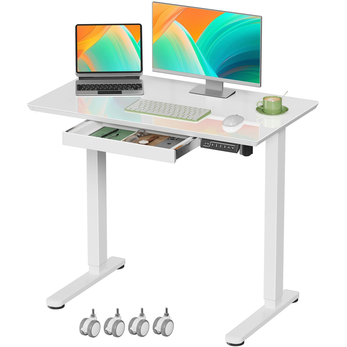 Gibbon Mounts Glass Standing Desk with Drawer, 35×20Inch Whole Piece Height Adjustable Rising Desk, Electric Sit Stand Desk with Wheels, Small Computer Desk, White Gibbon Mounts