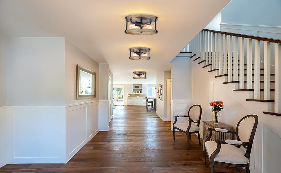 2 Pack Farmhouse Ceiling Light Fixture,E26 Base 2-Light Hallway Ceiling Light Fixtures,Black and Wood Flush Mount Ceiling Light for Kitchen Entryway Porch Etc Closet ZSANZYU