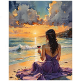 Romantic Paint by Numbers Kit for Adults - DIY Woman Watching Sunset with Wine Glass Painting on Canvas 16x20 Inches, Acrylic Paint Set, Suitable for Beginners, Beach Art for Home Decoration TAOPAOLAB