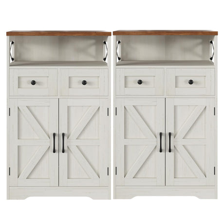 Befrases Set of 2 Farmhouse Storage Cabinet with Barn Doors and Drawers, Freestanding Kitchen Pantry, Floor Storage Cabinet Hutch Cupboard for Kitchen, Laundry, Living Room, White Befrases