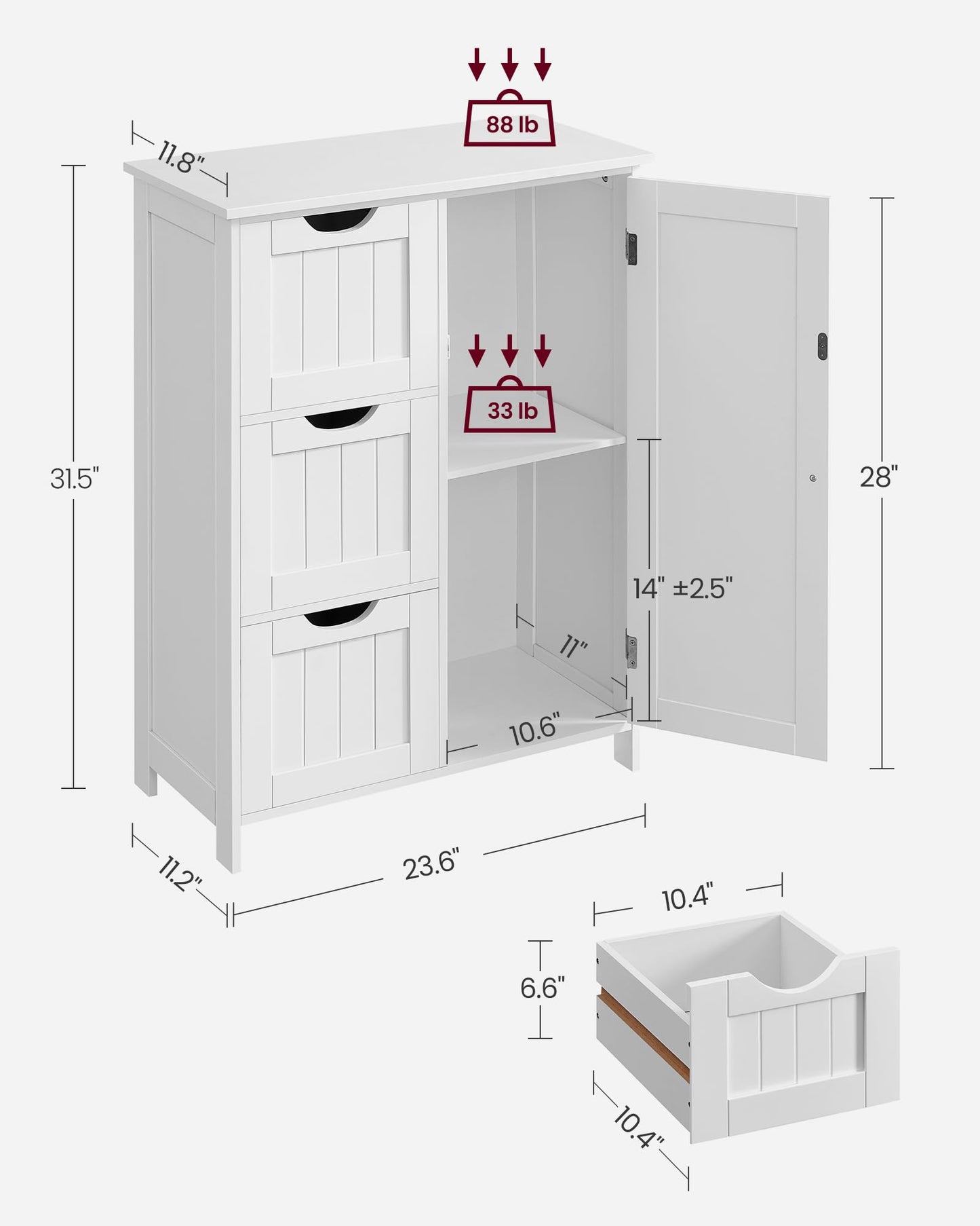 VASAGLE Bathroom Floor Storage Cabinet, Bathroom Storage Unit with 3 Drawers, 1 Adjustable Shelf, Bathroom Cabinet Freestanding , 11.8 x 23.6 x 31.5 Inches, White UBBC49WT