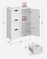 VASAGLE White Bathroom Storage Cabinet with 3 Drawers and Adjustable Shelf, Freestanding Organiser VASAGLE