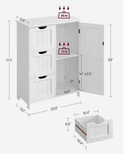 VASAGLE Bathroom Floor Storage Cabinet, Bathroom Storage Unit with 3 Drawers, 1 Adjustable Shelf, Bathroom Cabinet Freestanding , 11.8 x 23.6 x 31.5 Inches, White UBBC49WT