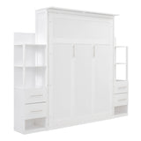 Ball & Cast Queen Size Murphy Bed,Murphy Bed Cabinet W/ 2 Four-Layer Shelves and 4 Drawers,Wall Bed W/LED Lights & Handle,Wood Folding Hidden Bed Frame for Guest Room,Bedroom,Living Room,White Ball & Cast