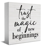 Inspirational Quotes Sign Desk Decor Wooden Box Sign Housewarming Gift Rustic Wood Block Plaque Box Sign for Home Farmhouse Office Kitchen Bathroom Shelf Table Decoration Magic of New Beginnings Sign HTBIG