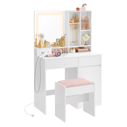 VASAGLE Vanity Desk with Mirror and Lights, Power Outlets, Vanity Table Set with Stool, Drawers, 35.4-Inch Wide Makeup Vanity, Jewelry Storage, Adjustable Shelves, for Bedroom, Cloud White URDT132W02