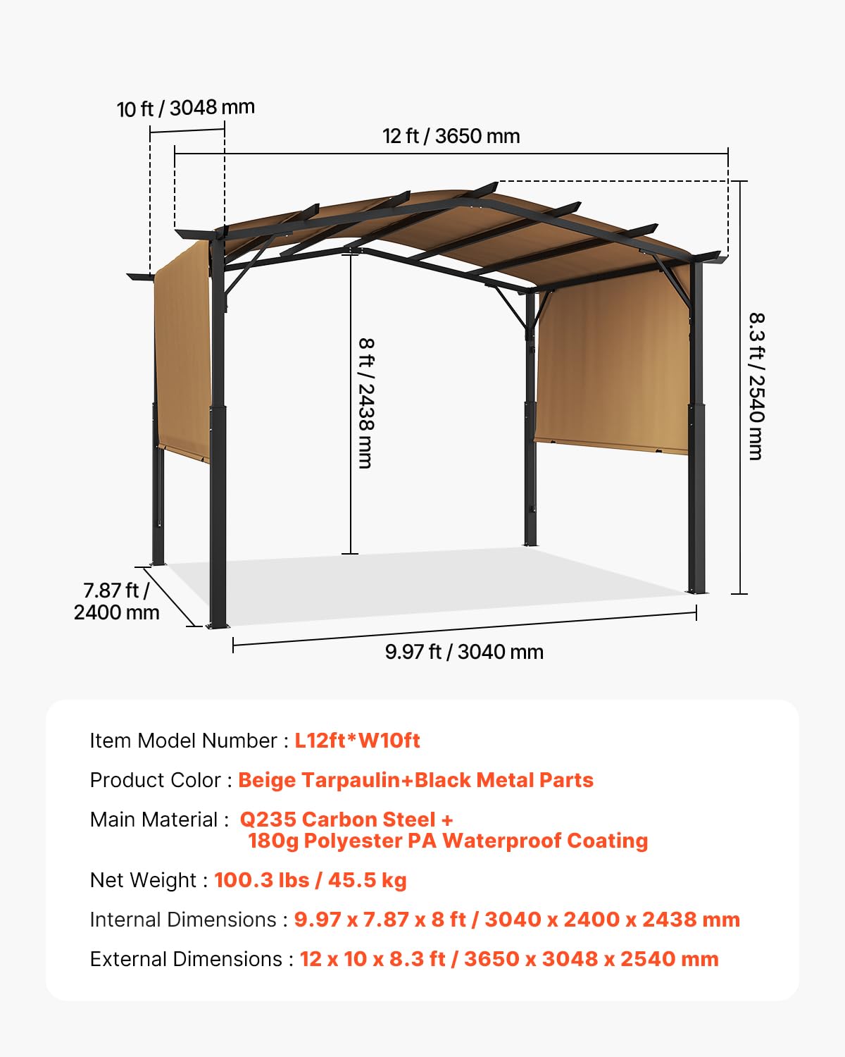 VEVOR 12 x 10 ft Outdoor Pergola, Arched Top Metal Pergola, Retractable Pergola with Sun Shade Canopy, Large Patio Shelter Pavilion, Heavy Duty Garden Pergola for Deck Backyard Porch Poolside VEVOR