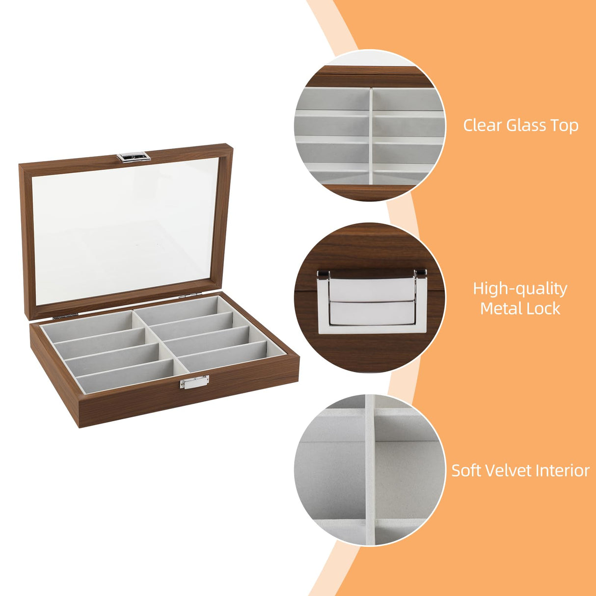 BAOJULONG Wooden Sunglasses Organizer Box, Eyewear Display Eyeglass Case for Men Women, Glasses Storage Box Sunglass Holder Gifts (8 Slots) BAOJULONG