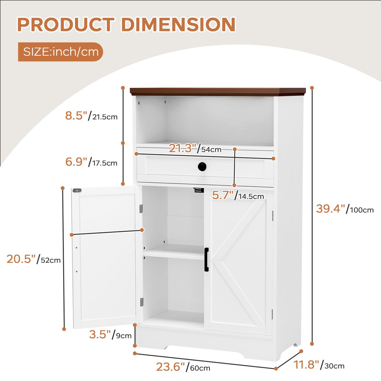 Viroformo White Floor Cabinet, Farmhouse Storage Cabinet with Barn Doors and Drawer, Freestanding Adjustable Shelf Cabinets for Bathroom, Kitchen, Living Room Viroformo