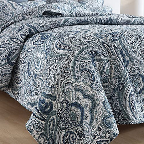 Autumn Dream Cotton Bedspread Quilt Sets, 3 Pieces Reversible Comforter Coverlet Sets,Blue Floral Paisley Bedspread,King Size Autumn Dream