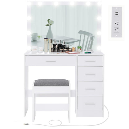 usikey Makeup Vanity with 12 Lights, Vanity Desk with Power Outlet, Makeup Vanity Table with 5 Drawers, Large Mirror, Dressing Vanity Table with Stool for Bedroom, Bathroom, White - WoodArtSupply